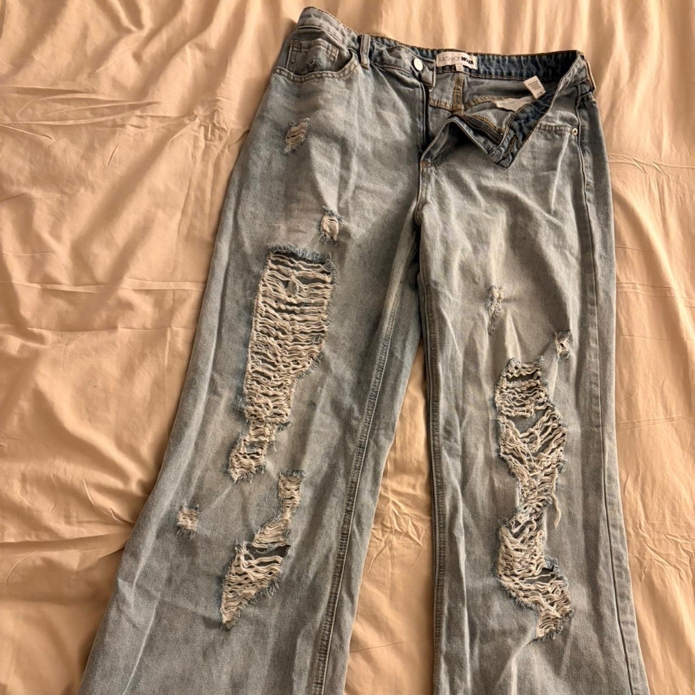 Fashion Nova Ripped Light Blue Flare Jeans